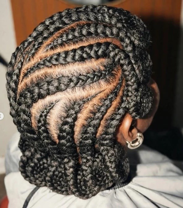 Feed-in cornrows seen from above, showing clean parting lines
